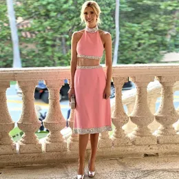 Casual Dresses Luxury Crystal Pink Elegant Dress For Lady 2 Piece Women Cocktail Prom Sleeveless Short Top & Knee Length Mermaid Skirt