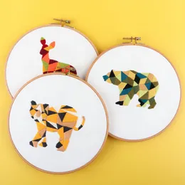 Geometriska djurbroderi kit DIY -handarbete Lovely Fox Tiger Needlecraft för nybörjare Cross Stitch Artcraft (utan båge)