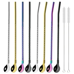 4/8pcs 304 Palha de metal reutilizável de colher de palha de aço inoxidável com palha de mistura de escova para acessórios para beber smoothie 240327