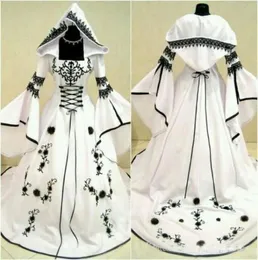 Abiti da sposa in bianco e nero celtico con cappello a linea abiti da sposa unici con squisito corsetto da ricamo