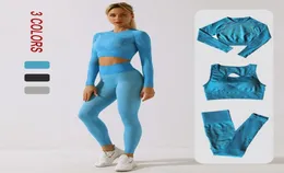 Sömlös yogaset Set Women Sports Suit långärmad gröda topp hög midja leggings gym set fitness träningskläder kvinnor039s sportwe3089074