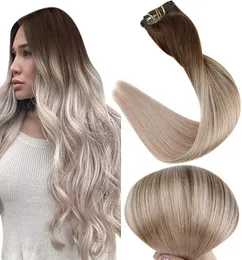 Clipe de balayage de 10a de grau em extensões de cabelo Borwn escuro Fading to Ash Blonde ombre Clip na extensão do cabelo humano 120G8pcs9963419