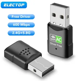 Cards Electop WiFi Adapter 600 Mbps 5.8 GHz Dual Band Free Driver USB Ethernet Network Card för Desktop Laptop Lan WiFi Dongle Mottagare