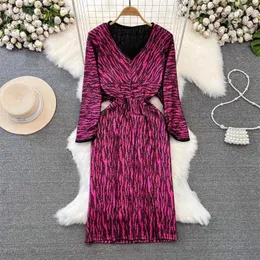 Abiti casual eleganti abiti autunnali donne donne a manica lunga in giro a V-snello a metà lunghezza di moda a metà lunghezza Vintage Brillia Wrap hip Z3798