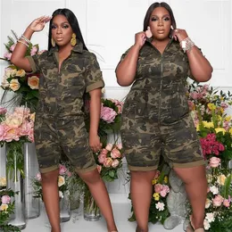 Plus Size Women S4XL 5XL Sexy Streetwear Camo Pockekts Zipper Jumpsuits Camouflage Printed Romper Playsuits Overalls 240410