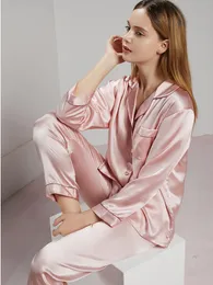 19mm 100% Mulberry Silk Pyjamas Women Spring Summer Silk Sleepwear Lady Långärmad Trouserstwo-Piece Loose Sexy Home Clothes