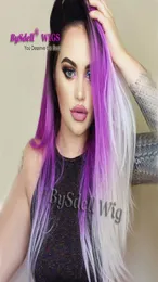Hög Similation Human Hair Heat Resistant Hair Black Teal Pastell Purple White Color Spets Front Wig Long Straight Front Lace Full W9825498