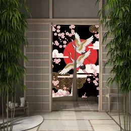 Japanese Ukiyo-e Door Curtain Carp Crane Doorway Curtain Cherry Blossoms Linen Decorative Drapes Cafe Restaurant Decor Partition