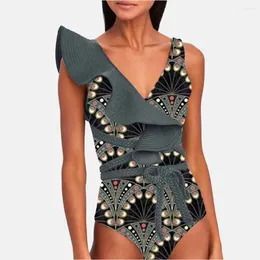 Frauen Badebekleidung Deep V-Ausschnitt Print Rüschen einteilige Badeanzug Frauen 2024 Sommer Beach Tragen Sie solide schwarze, gekräuselte Tief-V-Strandbekleidung