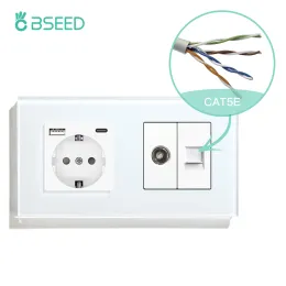 Bseed Europe Standard Double Wall Socket With TV Computer Plug Sockets Triple USB Type-C Charge Ports With Crystal Glass Panel