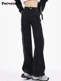 Jeans femminile fotvotee cargo pantaloni fidanzato per donne abiti da streetwear y2k baggy alte gita larga gamba dritta a full long denim