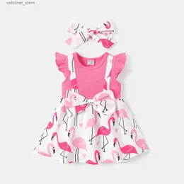 Girl's Dresses 2pcs Baby Girl Bow Front Allover Flamingo Print Solid Spliced Flutter-sleeve Dress Headband Set L47