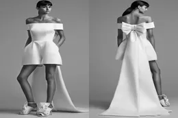 Sexy Short Jumpsuit Wedding Dress Stain Long Train Backless Robes De Mariee Off Shoulder Elegant Bride Wedding Gowns Runway Elopem3456445