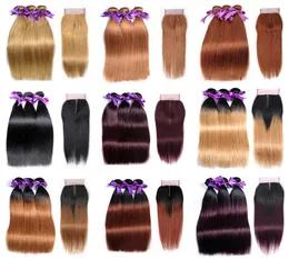 Hela färgade hår 3 buntar med 4x4 spetsstängning hårförsäljare brasilianska rakt mänskliga hår väver naturlig svart ren ombre 8770856