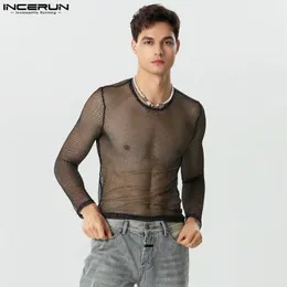 Party Nightclub Style Tops Incerun Men Glitter Mesh See-through Camiseta Male Sexy Male All-Match Manga Longa T-shirts finos S-5xl 240410