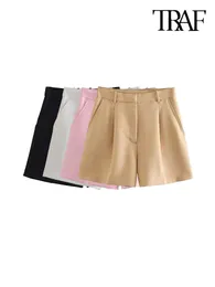Traf Women Fashion Side Pockets Front Darts Bermuda Shorts Vintage High midjextlås Kvinnliga korta byxor MUJER 240410