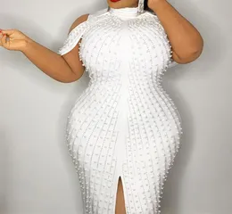 Vestidos de cocktail de coquetel branco de miçangas verão 2020 Sexy Split Plus Size Bodycon Midi Dress Midi Robe elegante de Cocktail3675365