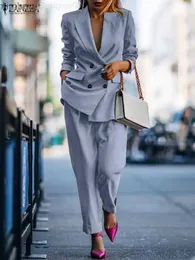 女性のスーツブレザーザンゼアファッションブレザースーツ女性の2023年の秋のダブルブレストジャケットセットソリッドオールコートとロングパンツカジュアル2ピース衣服c240410