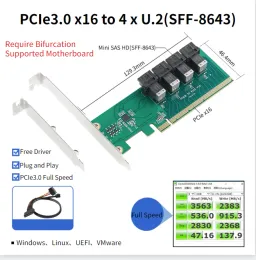 카드 NGFF PCIE 16X ~ 4 포트 U.2 U2 비 배열 확장 카드 SFF8643 분기 마더 보드 용 NVME PCIE SSD 어댑터