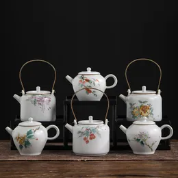 Retro Hand Painted Flower Fruit Art Ceramic Teapot Ru Kiln Pomegranate Copper Loop-handled Teapot Kung Fu Tea Teakettle Teaset