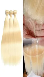 Индийские Реми Человеческие волосы светлые волосы 3 пучки с 44 кружевными закрытием 13x4 Фронтальная чистая 613 Цвет.