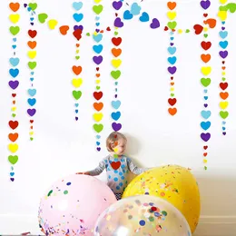 Papel colorido de 10 pés, coração, guirlandas de aniversário decorações de festa de festas para arco -íris raizes de coração de coração multicolor