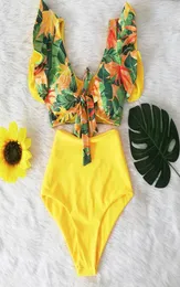 Floral Ruffled Hem Bikini Set Women Flora Vneck Highwaisted 2 조각 수영복 2020 Girl Beach Bathing Suit Swimwear Biquinis2056177