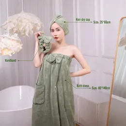 new 2024 3PCS Coral Fleece Bath Dress Soft Absorbent Bow Tube Top Bath Towel Hair Dry Cap Headband for Women Girlssoft absorbent hair dry