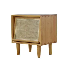 Nordic wood bedside table with Breathable sliding rattan door portable wood tea tables storage Nightstand 45x35x50cm