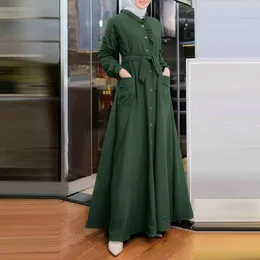 Etnik Giyim Moda Kadın Maksi Elbiseler Sonbahar Uzun Kollu Katı Müslüman Elbise Dubai Türkiye Abaya Sıradan Gevşek Düğmeler Aşağı Vestidos