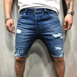 Os jeans masculinos rasgaram curtos bermudas shorts de algodão respirável jeans de jeans destruído Hole Skinny para 2024