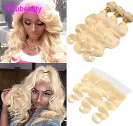 Peruvian Virgin Hair 613 Blond Body Wave Bunds With Lace Frontal 3 Bunds With 13x4 Spets Frontal Ear to Ear 613 Color 1030in3310245