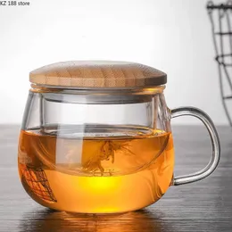 Creative Glass Tea Infuser Tasse mit transparentem Filtergriff Bambus Deckel Hitzeresistente Blumen Teetasse Office Tea Tassen Getränkewaren