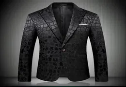 Siyah Blazer Erkekler Timsah Desen Düğün Takım Ceket İnce Uygun Şık Kostümler Şarkıcı İçin Sahne Giyim