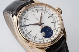 Top Stylish Automatic Mechanical Self Winding Watch Men Gold Dial Sapphire Glass 39mm Classic Day Moon Phase Wristwatch Casual Leather Strap Clock R302