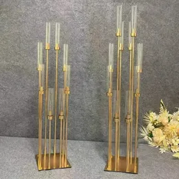 Wedding Party Metal Candelabra, Candle Holders, Road Lead, Table Centerpiece, Gold Candelabrum Stand Pillar, 8Heads