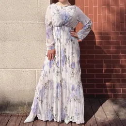 Roupas étnicas Verão estampa floral camada plissada Frill Dress Long Chiffon / pescoço mulheres muçulmanas abaya hijabi manto modesto ramadan eid islam