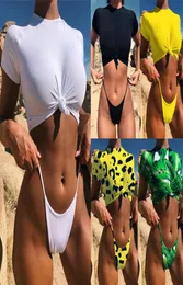9 Colors Designer Women Set Sexy Retro Front Tie Knot Tshirt Top Bikini Bathing Suit Female Padded Swimsuit Micro Thong Sw4901274