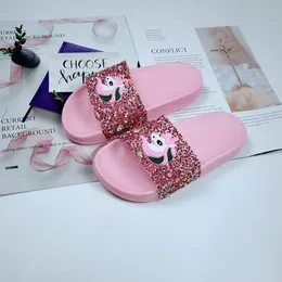 Home Slippers for Girls Sequins Unicorn Pattern Open Toe Flat Sandals Summer Ladies Slides Indoor House Shoes Sandalias Girl