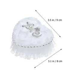 Ring Box Heart Wedding Lace Holder Pillow Ceremony Pillows Jewelry Bearer White Shape Boxes Pearl Rhinestone Case Love Proposal