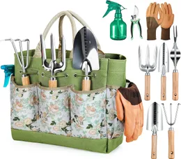 Verktyg 9-stycken Heavy Duty Gardening Handverktyg med mode och hållbara trädgårdsverktygsarrangör Handväska, rostsäker trädgårdsverktygsset