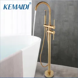 Kemaidi Brushed Gold Floor Mounted Bathtub Filler Shower Set Roman Tub Faucet Floor Sthaush Systerm Round Bath Mixerタップ