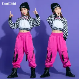 Con cappuccio a quadri hip hop con cappucci da carico rosa pantaloni per bambini joggers joggers street danza set da ballo jazz streetwear costumi da palcoscenico