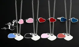 Emaljblå rosa gröna dubbla hjärtsmycken sätter charms halsband och örhängen mode rostfria bokstäver solguld smycken tset3774545