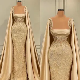 Gold Mermaid Evening Elegant Bateau Sleeveless Capes Satin Lace Ruffles Sequins Appliques Embroidery Celebrity Prom Dress Formal Dresses For Women