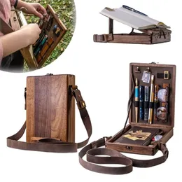 Yazarlar Messenger Wood Box Çok Fonksiyonlu Sanatçı Aracı ve Fırça Saklama Kutusu Retro Ahşap El Yapımı Taşınabilir Crossbody Postacı çantası 2270p