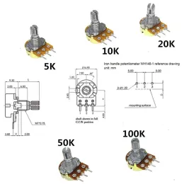 5pcs WH148 B1K B2K B5K B10K B20K B50K B100K B500K 3pin 15mm Mil Amplifikatör Çift Stereo Potansiyometre 1K 2K 5K 10K 50K 100K 500K