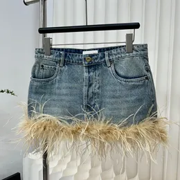 Feather denim kjol för kvinnor lyxig designer korta jean kjolar avslappnade dagliga minikjolar