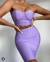 Toppkvalitet Purple Celebrity Two Pieces Set Strapless Kne Length Rayon Bandage Dress Cocktail Party Vestidos 240402