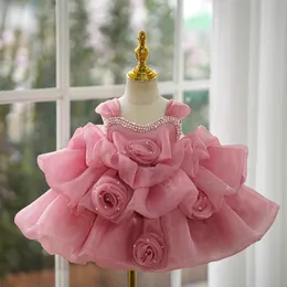 Princess Rosa Flor Girl Dresses Novo faixa fofa Aplicado Ruffles Long Toddler Birthday Party Festa de baile Pérolas Pearls Garoth Girl Girl Vestres de noiva vestidos de concurso de comunhão